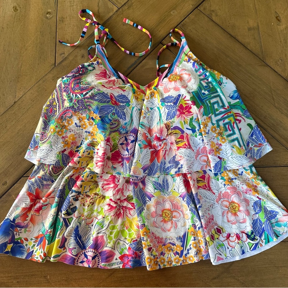 Johnny Was Tie Tankini Bathing Suit TOP Ruffle Tiered Colorful Womens Medium EUC - Picture 2 of 6